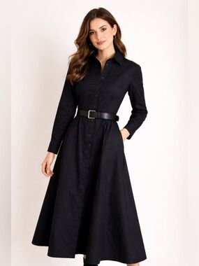 ZARA Black Midi Shirt Dress with Belt – Size M | Elegant & Timeless